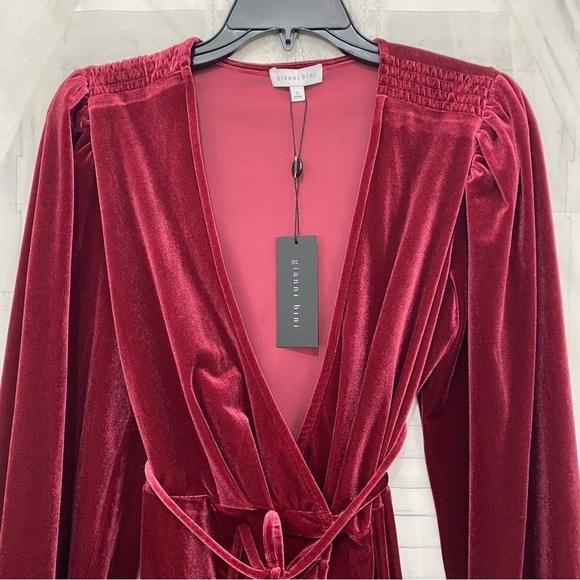 NEW Gianni Bini Burgundy Solid Red Velvet Wrap Dress Mini Long Sleeve V Neck Tie - Picture 10 of 13